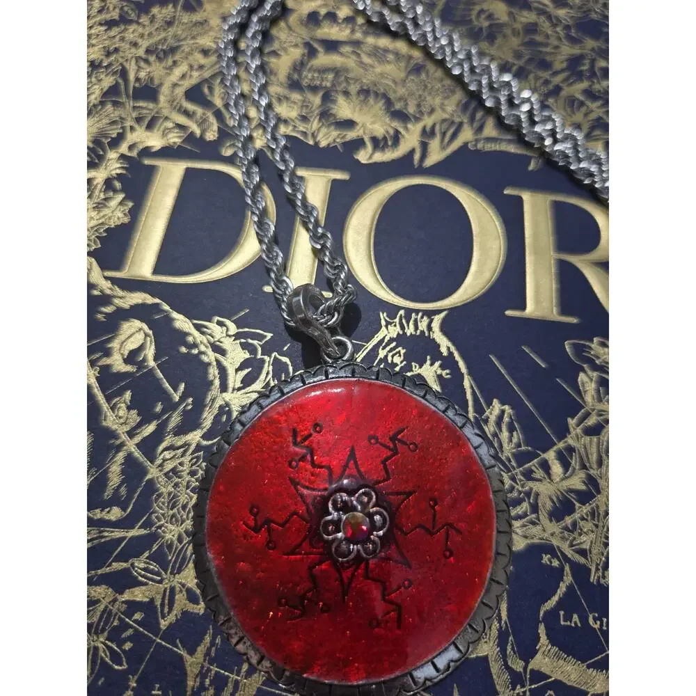 Y2k Large Red Tribal Silver Tone Pendant with Roap Chain Necklace